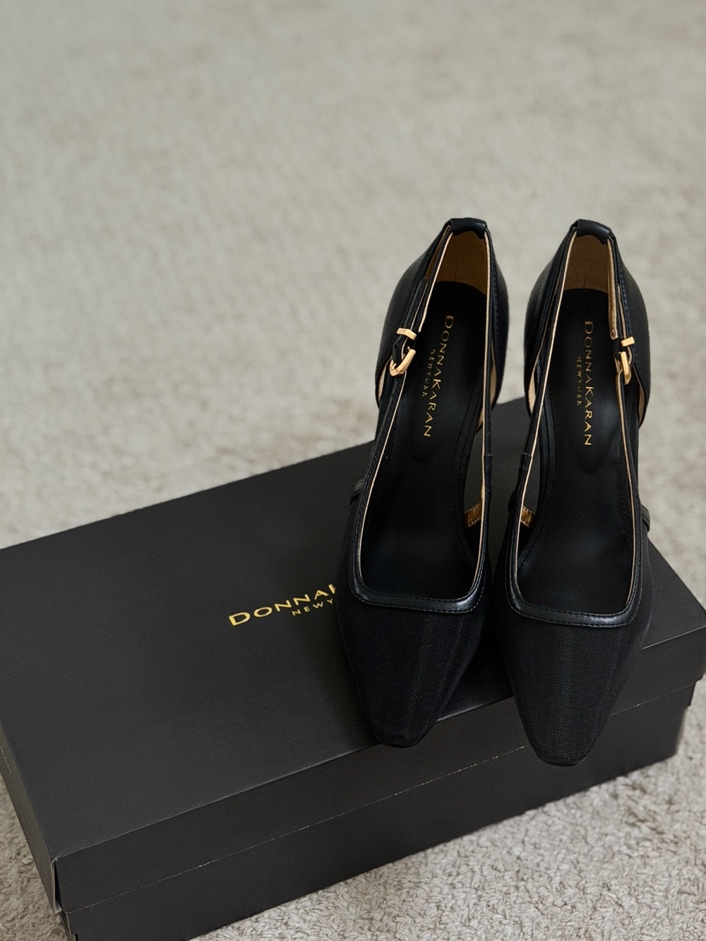 Donna Karan Black Pointed Slingback Heels with Gold Accents